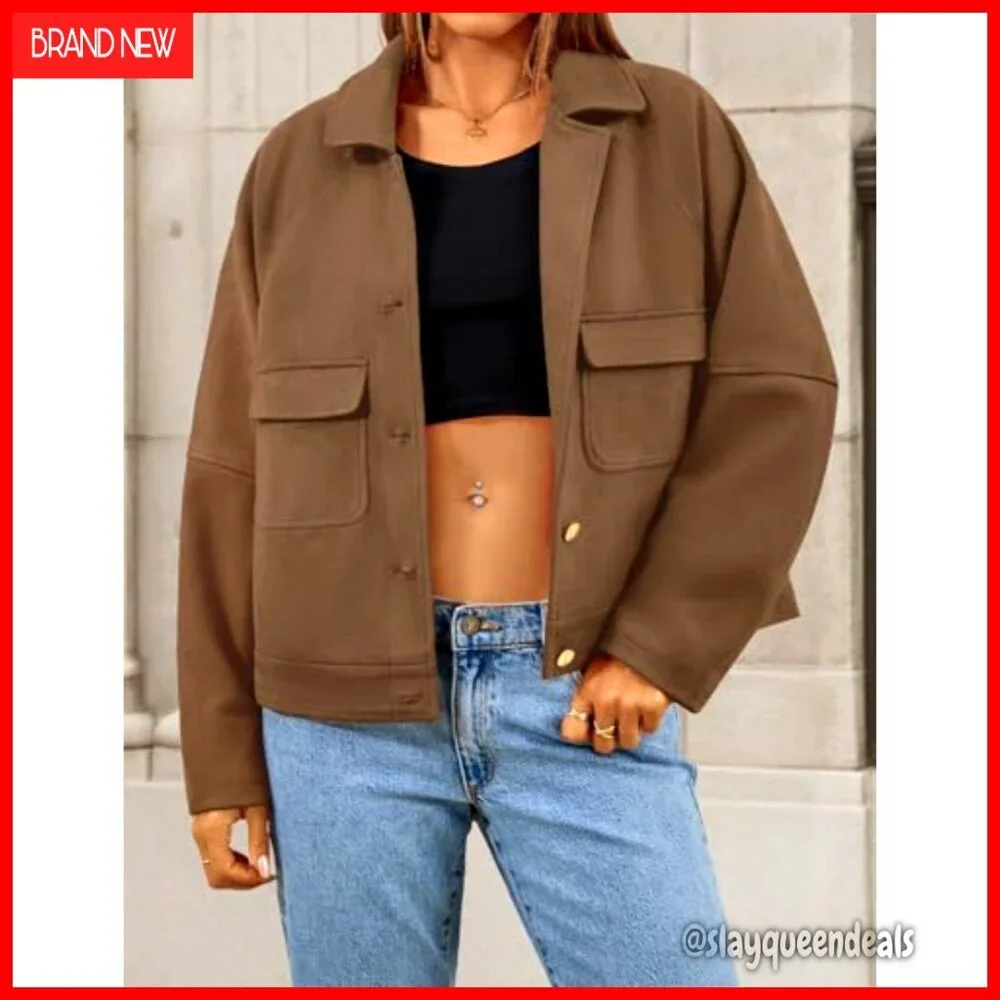 Faux Suede Cropped Jacket Casual Button Down Vintage Shacket - Picture 3 of 6